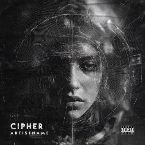 Cipher Dark Cinematic Cover Art - for Alternative Hip-Hop, Dark Ambient Music - style Cinematic Style, Cyberpunk - in Black, Grey Color