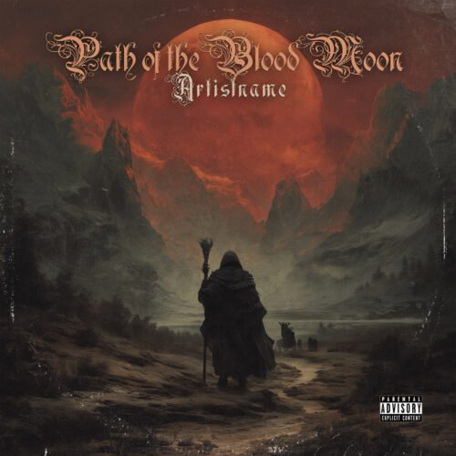 Path of the Blood Moon Dark Fantasy Cover Art - for Black Metal, Doom Metal Music - style Dark Fantasy, Cinematic Style - in Red, Black Color