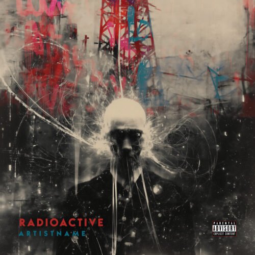 Radioactive Industrial Metal Cover Artwork - for Alternative Hip-Hop, Alternative Rock Music - style Collage, Drip Painting - in Red, Blue Color
