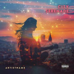 City Serenade Indie Album Cover Art - For Indie, Acoustic Music - Style Double Exposure, Cinematic Style - In Blue, Pink Color