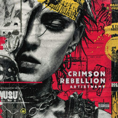 Crimson Rebellion Punk Rock Album Cover Art - for Alternative Rock, Dark Pop Music - style Collage, Cyberpunk - in Red, Yellow Color