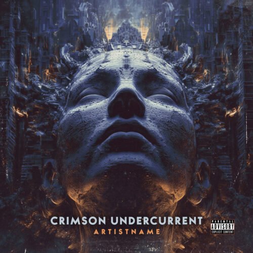 Crimson Undercurrent Industrial Techno Album Cover Art - for Ambient, Dark Ambient Music - style Cinematic Style, Cyberpunk - in Red, Blue Color