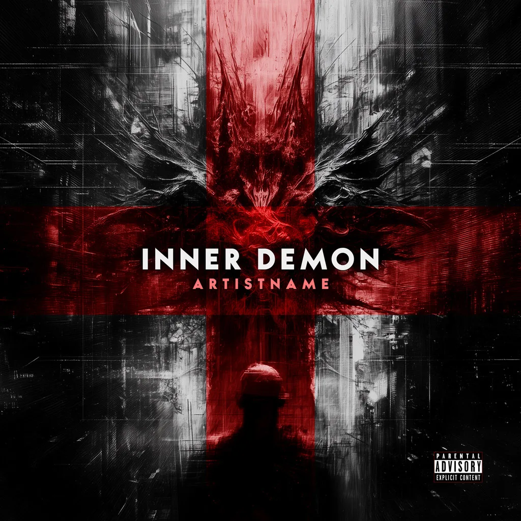 Inner Demon Dark Cinematic Cover Art - For Aggrotech, Alternative Metal Music - Style Cinematic Style, Dark Surrealism - In Red, Black Color