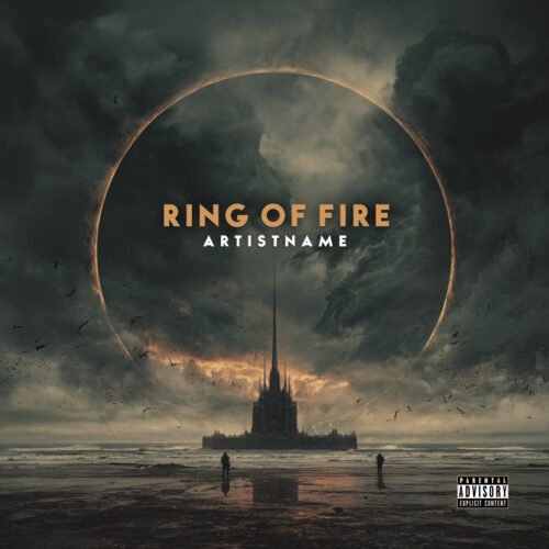 Ring of Fire Dark Fantasy Cover Art - for Dark Ambient, Dark Synth Music - style Cinematic Style, Dark Fantasy - in Black, Grey Color