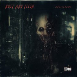 Rust And Flesh Industrial Metal Cover Art - For Death Metal, Industrial Music - Style Cyberpunk, Dark Surrealism - In Red, Black Color