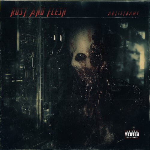 Rust and Flesh Industrial Metal Cover Art - for Death Metal, Industrial Music - style Cyberpunk, Dark Surrealism - in Red, Black Color