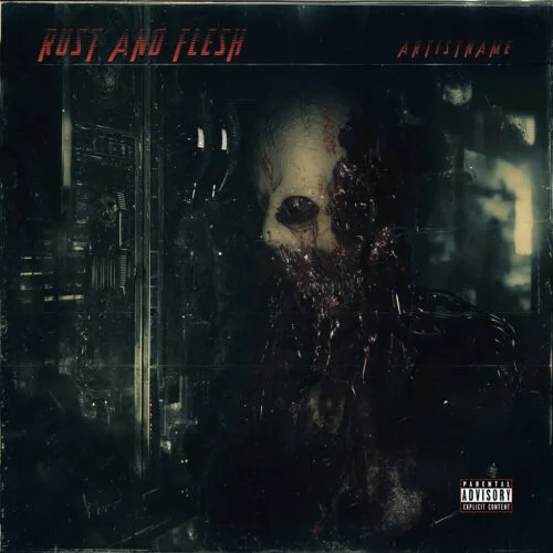Rust and Flesh Industrial Metal Cover Art - for Death Metal, Industrial Music - style Cyberpunk, Dark Surrealism - in Red, Black Color